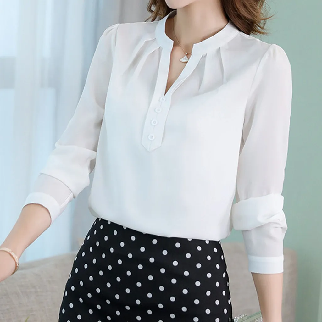 Women Chiffon Blouse 2019 Women Work Office Long Sleeve Solid Chiffon Blouse Tee Shirt Top