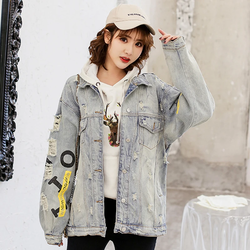 Imprimer D'automne Veste Harajuku Vieux Femelle Revers Nouvelle Correspondant Trou Denim Rétro 1929 2019 Lettre Large Couleur PAWYE