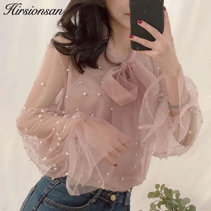 Hirsionsan 2019 Spring Blouse Shirt Women Elegant Pearls Beading Chiffon Tops 2 Pieces Long Puff Sleeve Bow Mesh Blusas Femme |