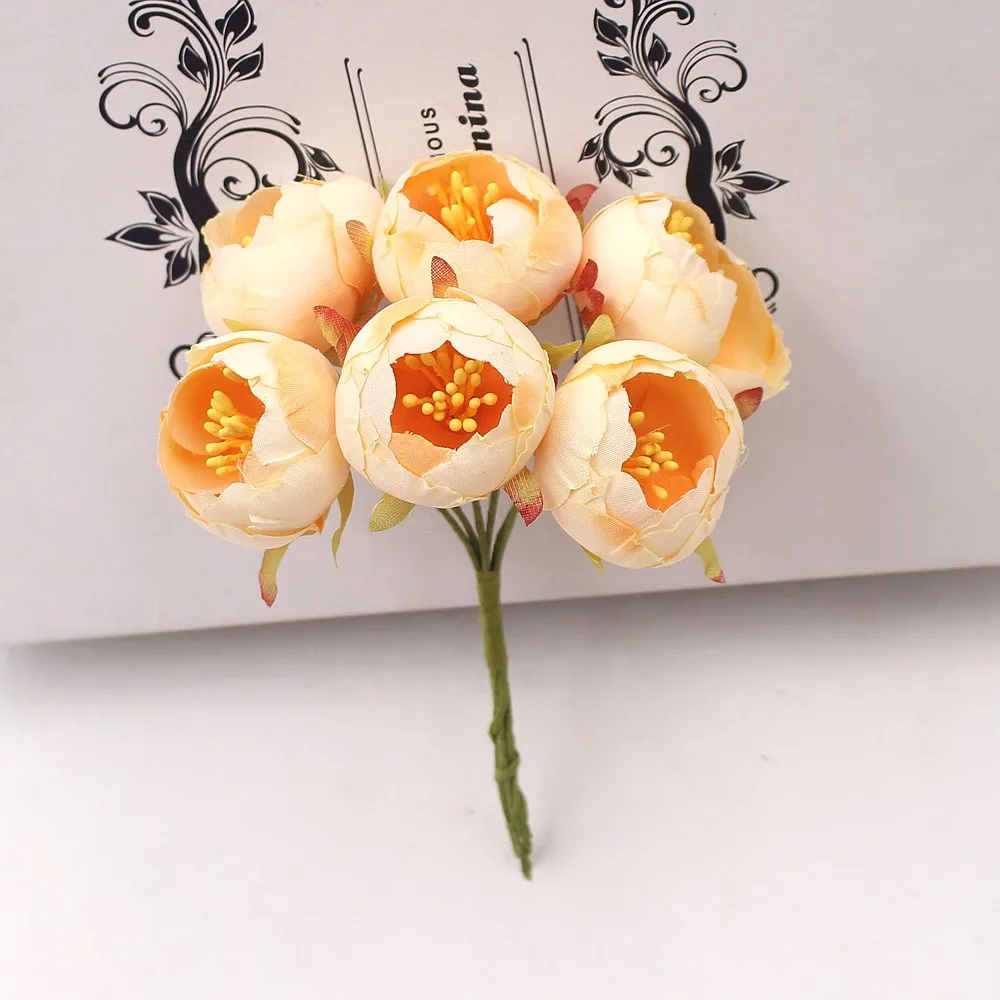 6 шт., искусственные цветы, мини-бутон чайной розы для свадьбы, украшения дома, ювелирные аксессуары, цветы для скрапбукинга, сделай сам, товары для рукоделия - Цвет: Оранжевый