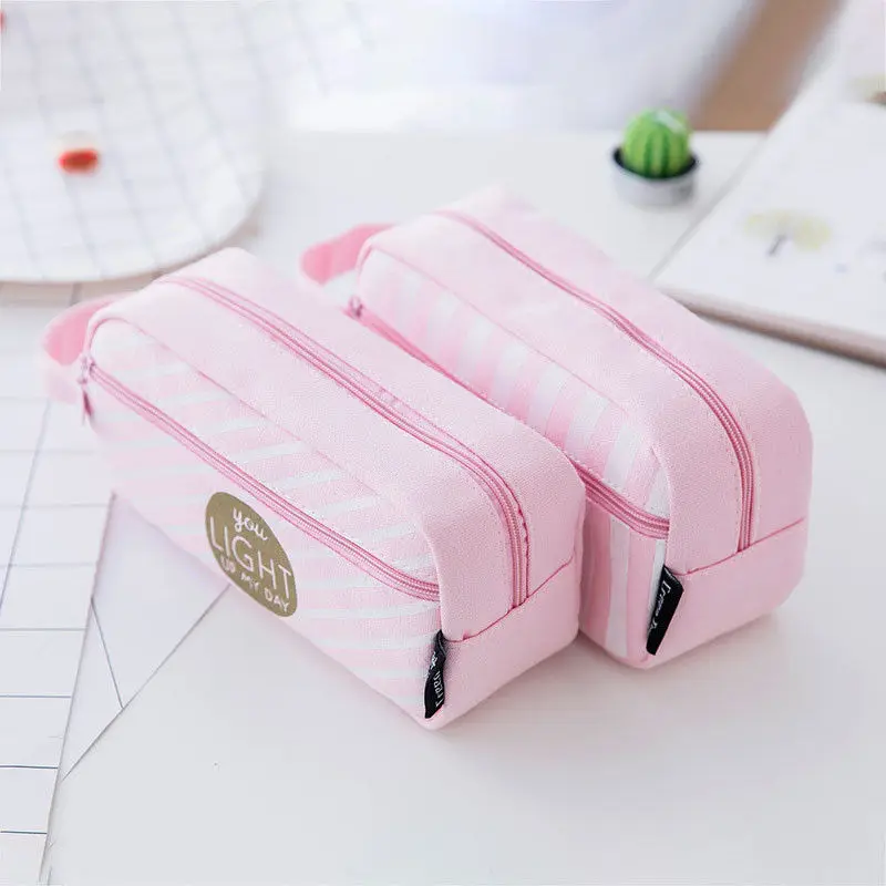 

1PC Cute Pencil Box Grid Canvas Pink Pencil Case Large Capacity Pencil Bag School Supplies Stationery Large Capacity Pencil Case