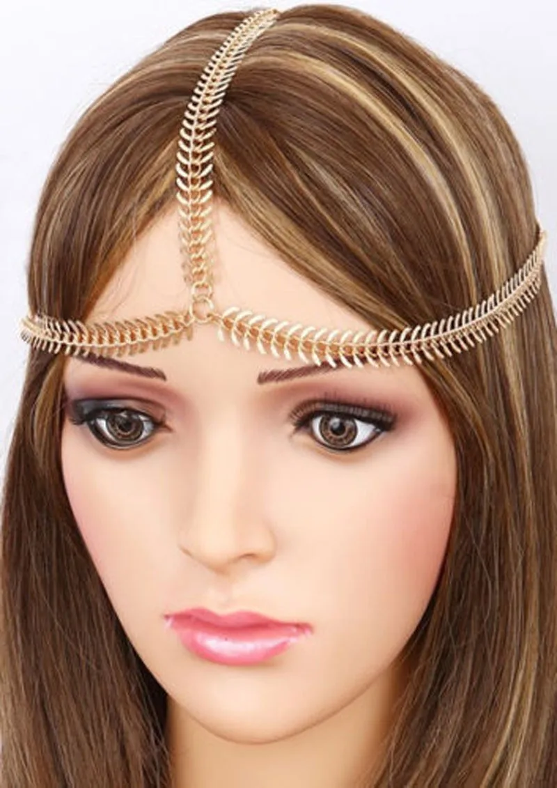 Fashion Bohemian FishBone Chain Headband Women Gold Tone Headbands