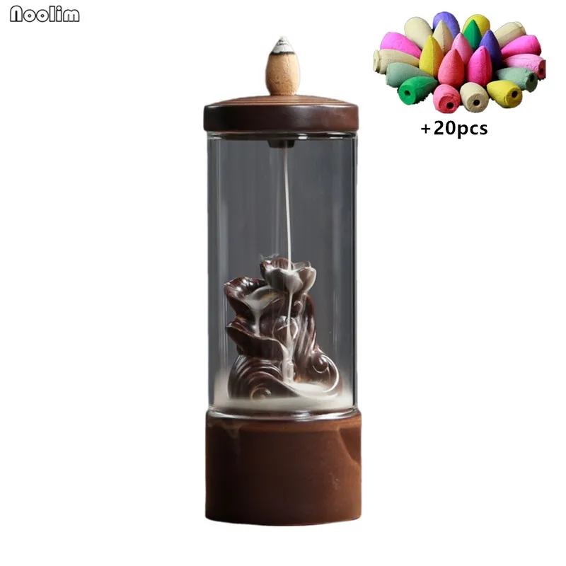 Креативная горелка для благовоний с обратным потоком лотоса со стеклянной крышкой, керамическая курильница для благовоний, домашний декор, чайный домик, рукоделие+ 20 конусов для благовоний