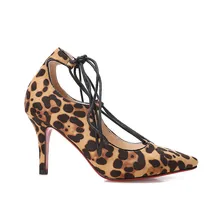 Fashion Womens Sexy Leopard Pointy sandals woman s pumps Toe Lace Up Stilettos High Heels font