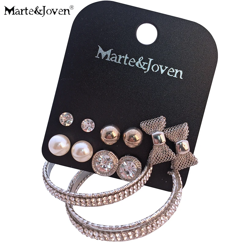 

Marte&Joven Fashion Round/Ball Rhinestone Earrings and Big Hoops Earrings Set for Women 6 Pair/set Mix Imitation Pearl Earrings