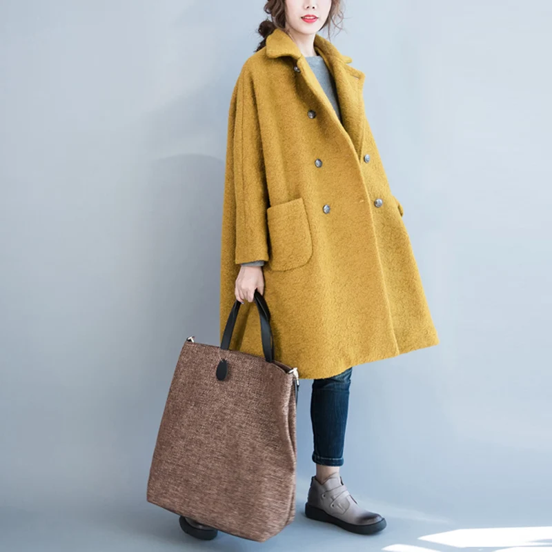 Женское шерстяное длинное пальто размера плюс, утепленная верхняя одежда на осень и зиму, женская элегантная свободная винтажная хлопковая одежда LQ446