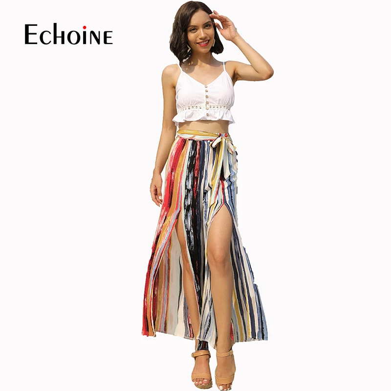 

Casual High Waist Wide Leg Pants Women 2019 Summer Beach Female Holiday Vintage color Striped Prints Bell Slit Bottom Trousers