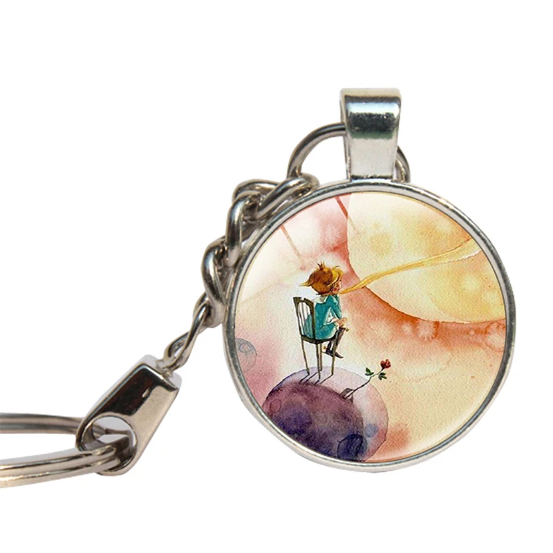 

Little Prince Keychain Glass Cabochon Fairy Tale Key Ring Glass Dome Fox And Rose Key Chains B612 Planet Jewelry Key Holder