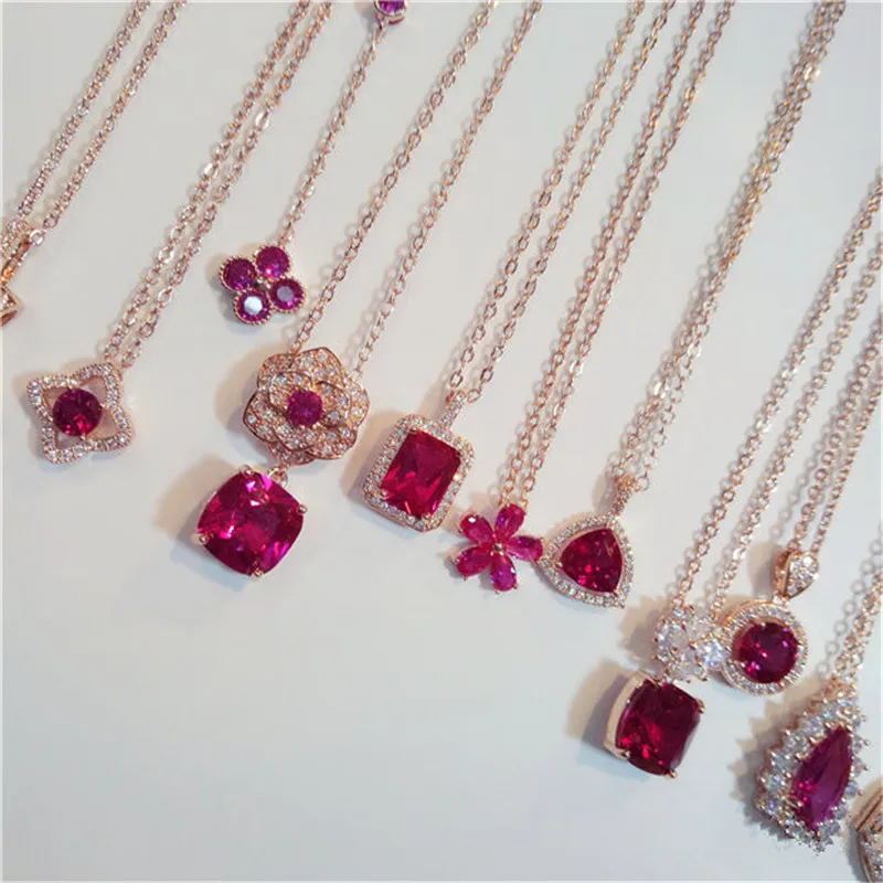 Ribbon Silver Gold Filled Pendentif Rouge Rubis Cristal Femmes Lady Chaîne Collier Sautoir Box