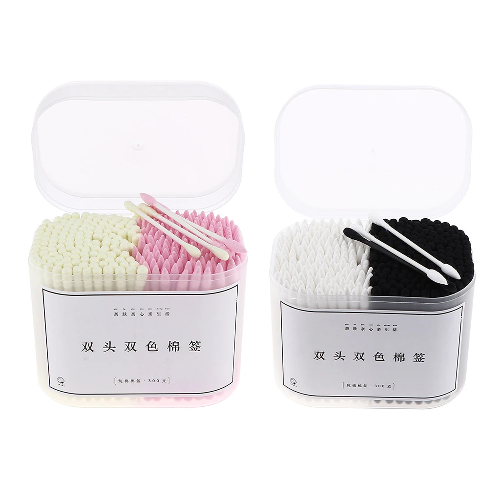 300Pcs Double Headed Paper Stick Cotton Swabs Buds Round Pointed Spiral Tips Makeup Tools, 2 Colors