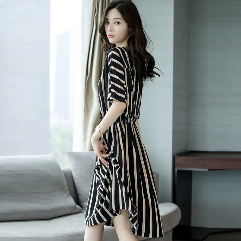 

Newly Women Summer Dress Half Sleeves Slim Fit Striped Round Neck Elastic Waist DOD886