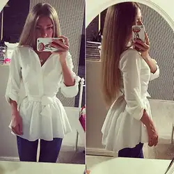 Новая женская белая блузка рубашка с длинным рукавом v-образным вырезом ремень вниз официальный наряд топы Женская тонкая одежда