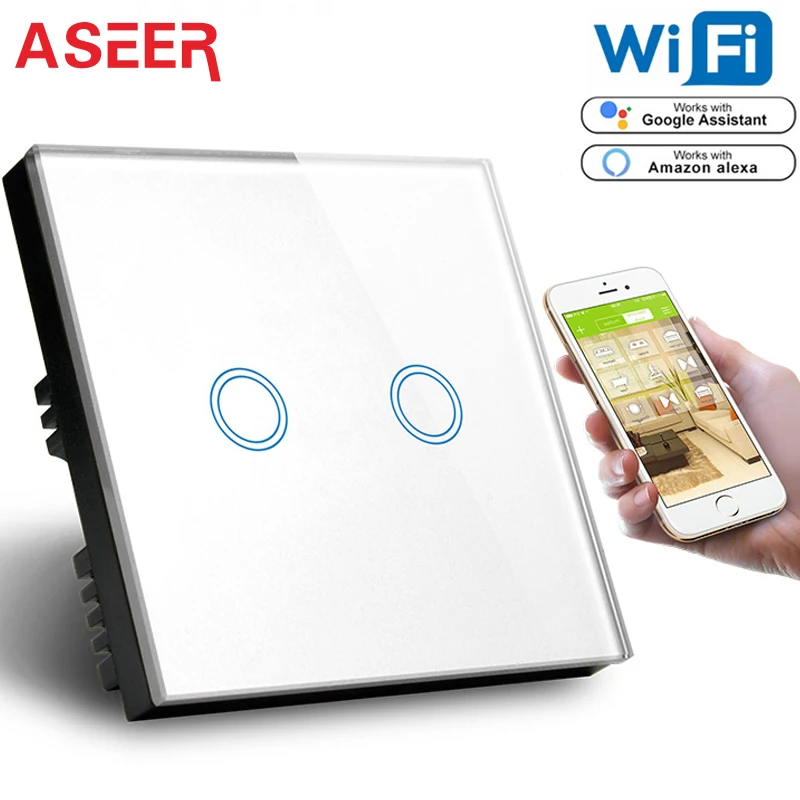 ASEER,UK Smart Wifi Wall Light Switch 2Gang Touch/WiFi/APP Remote