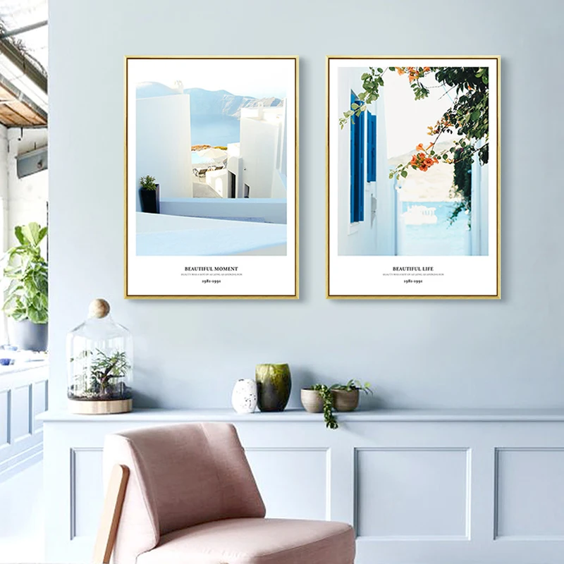 

Nordic Building Landscape Wall Art Canvas Poster and Print Canvas for Living Room Painting Picture Mediterranean Sea style Decor