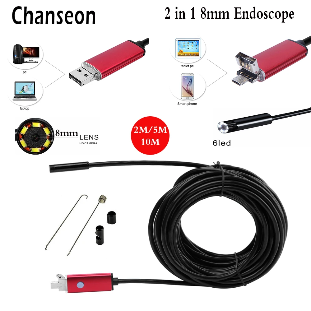 Chanseon 2 IN 1 USB 2M 5M 10M Android Endoscope Camera Inspection Android Borescope 8MM Lens 6 Led lights PC USB Endoskop Camera Chanseon 2 IN 1 USB 2M 5M 10M Android Endoscope Camera Inspection Android Borescope 8MM Lens 6 Led lights PC USB Endoskop Camera