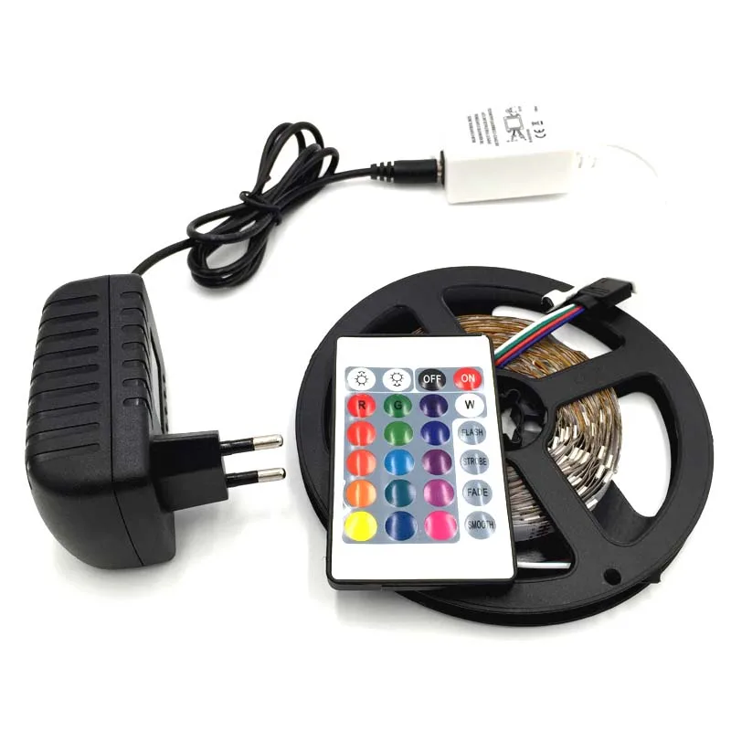 #cheap 5050 30 LED 12v 5M non Waterproof RGB Strip Light LED STRIP + 24 Key IR Controller + 12V 2A power adapter