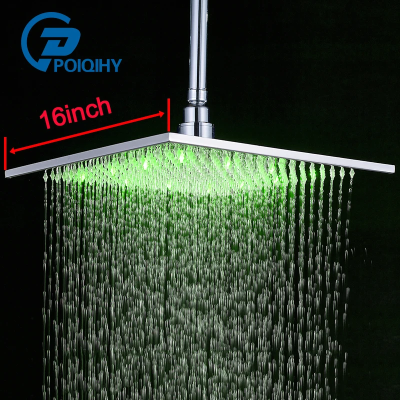 

POIQIHY Brushed Nickel LED 16" Square Rainfall Shower Head Stainless Steel Color Changing Lights Shower head