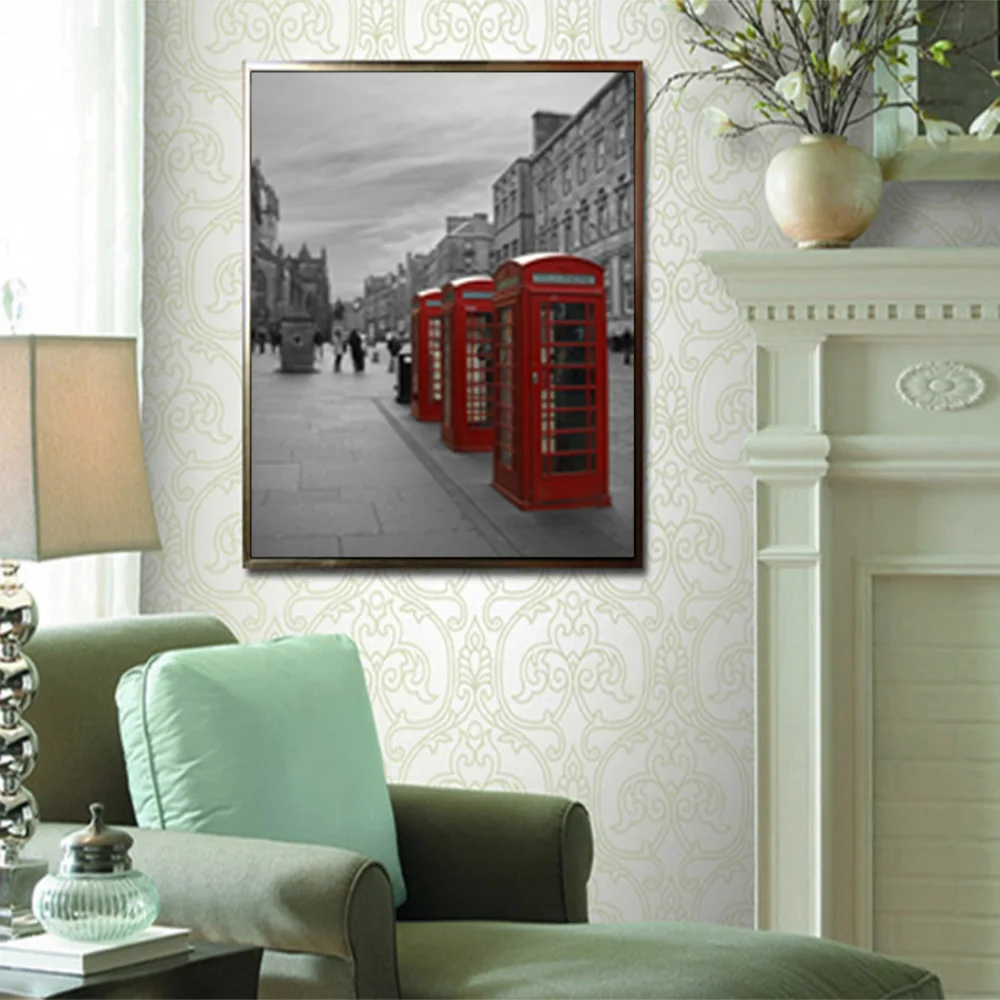 

Canvas Prints Black And White Nordic Style Red Phone Booth Prints Wall Picture For Living Room Wall Art Decoration