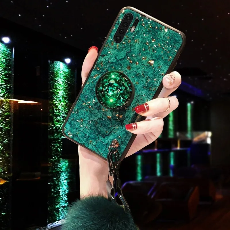 Epoxy Gold Foil Gem Phone Case For Huawei Honor P30 Pro P20 Lite P10 Plus Nova 4 2S 2i 3 3i With Ring Stand Holder Lanyard Cover - Цвет: Green