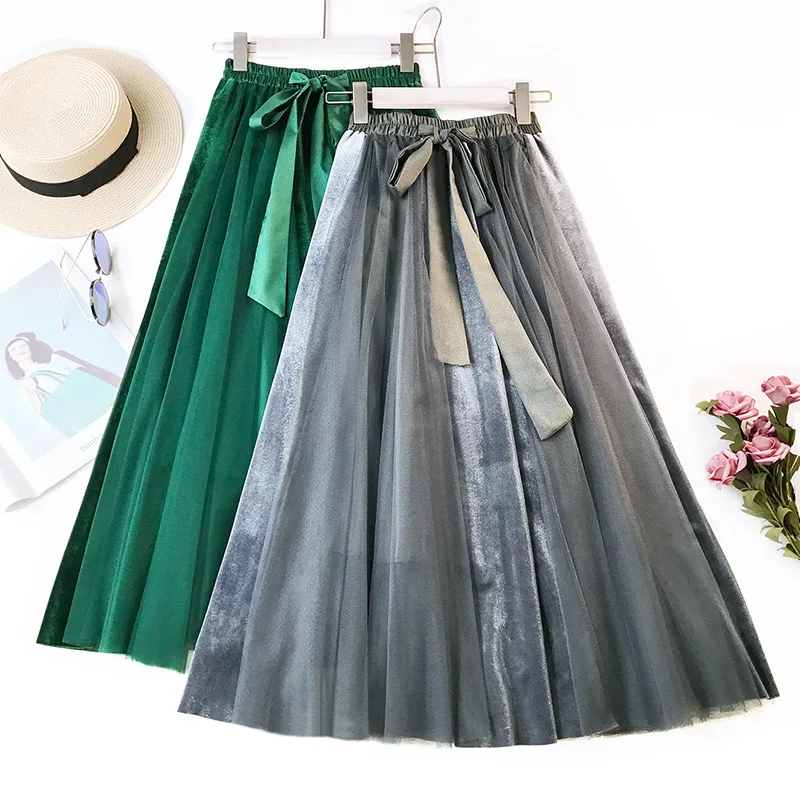 

2019 Spring New Arrival High Waist Fairy Velvet Skirt Dense Mesh Splicing Large Pendulum Pleated Skirt With Bow Tie Free Shippi