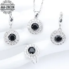 Серебряные 925 Ювелирные наборы для свадебных женщин, черные циркониевые кольца, ожерелья, подвески, серьги с камнями, набор ювелирных изделий, подарочная коробка