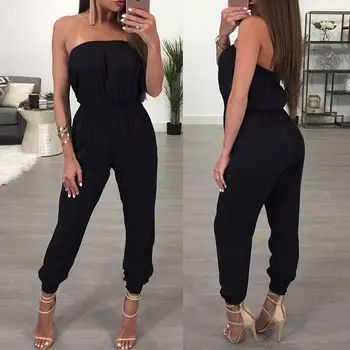 

New Women Ladies Casual Fashion Clubwear Slash Neck Collarbone Playsuit Bodycon Party Black Jumpsuit Sleeveless Romper Trousers