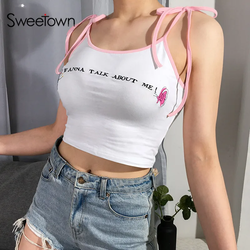 

Sweetown Two Butterfly Appliques Sweat Cute Crop Top Women Summer 2019 Letter Embroidery Pink Strap Bandage Cami Top Harajuku