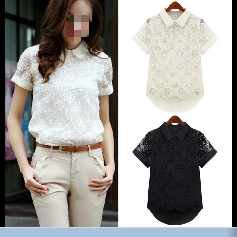 Hot Womens Lace Chffiom Solid Color Short Sleeve Patchwork Office Top Blouse High Neck Casual Loose Shirt | Женская одежда