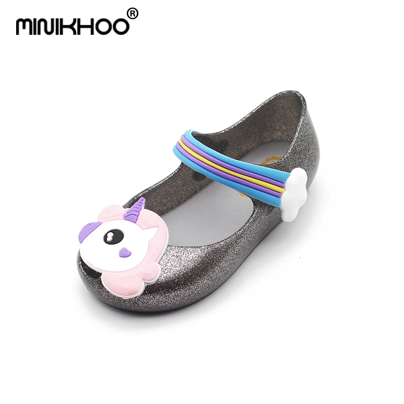 Mini Melissa/Оригинальные милые пластиковые сандалии для девочек с единорогом; Новинка года; обувь melissa; пляжные сандалии для малышей; дышащие сандалии на каблуке 15-18 см - Цвет: Black