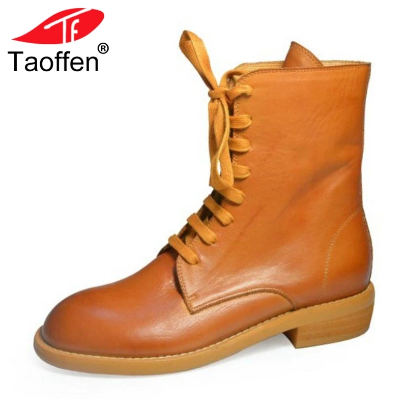 

TAOFFEN 5 Colors Woman Short Boots Genuine Leather Lace Up Round Toe Mid Calf Boots Winter Shoes Vinatge Shoes Woman Size 34-39