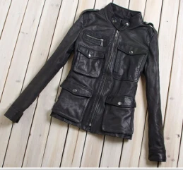 Женская мода M65 кожаная куртка с карманами черная Овчина натуральная кожа пальто для женщин облегающая мотоциклетная куртка для женщин - Цвет: black