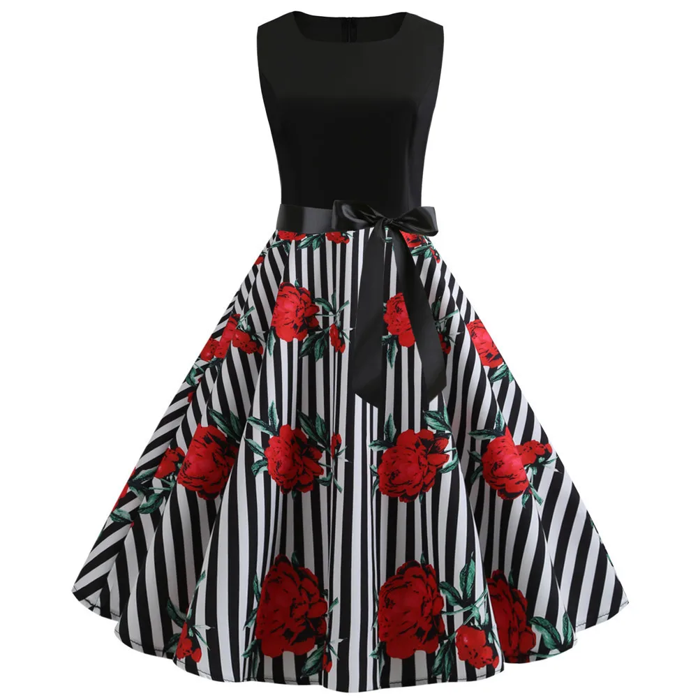 

BacklakeGirls 2019 Sleeveless Printing Dot Vintage Cocktail Dresses For Women Round Neck Colorful Dress With Sashes Knee Length