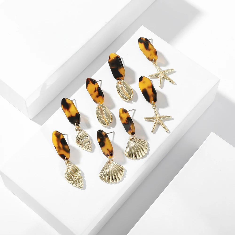 

Trendy Gold Alloy Sea Shell Conch Earring for Women Fashion Acrylic Tortoiseshell Geometric Statement Earring Beach Jewelry