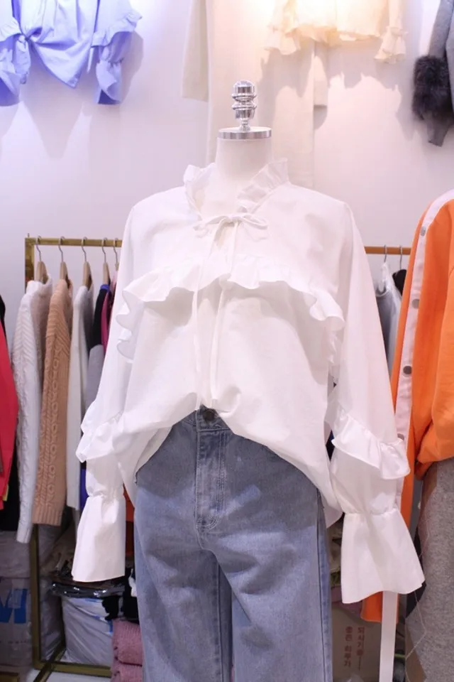 الكورية 2019 الربيع الكشكشة بلوزة النساء Kawali الحلو تي شيرتات قطن قمصان أنيقة النساء جديد