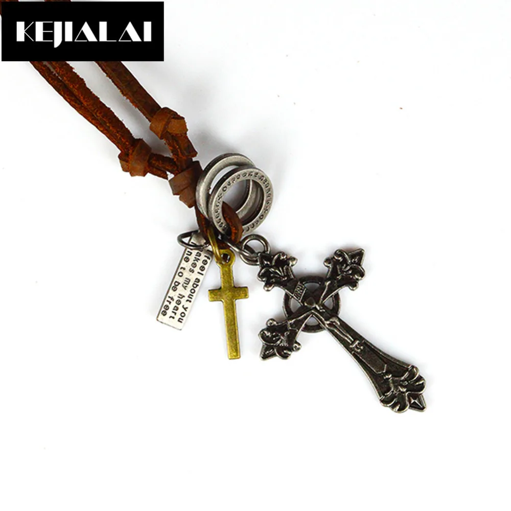 Men Jewelry Vintage Jesus Cross Pendant Necklace Genuine Leather Rope