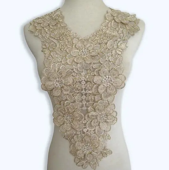 

1PC Plus Size Flower Organza Base Embroidery Neckline Lace Applique Trimmings Collar Sewing DIY Crafts Gold Mentallic Collar