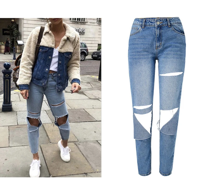 Women's high waist loose straight jean nine point pants knee hole wash street popular fall and winter (1)