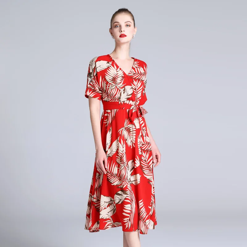 Dresses Summer 2018 Women's Red Print Dress V Neck Short Sleeve High