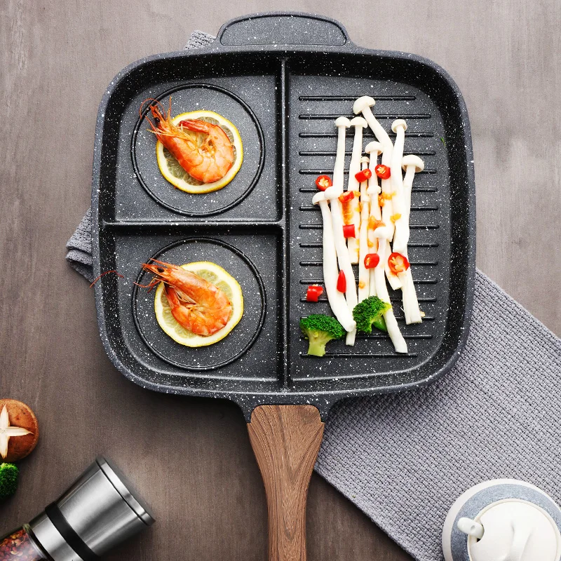 

3 Grid Aluminium Alloy Breakfast Frying Pan Cooking Pot Egg Omelet Steak Grill Non-Stick Skillets Multipurpose Kitchen Cookware
