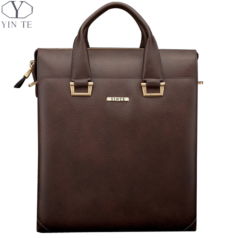 

YINTE Men's Leather Briefcase Handbag Men Totes Famous Style Messenger Brown Bag Huge Capacity Business/Office Totes T8206-4