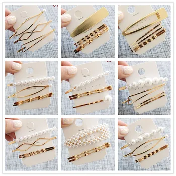 

3pcs/set Korean Women Girls Metal Imitiation Pearl Minimalist Hair Clip Combination Barrette Pearls Hairpin Hair Accessories