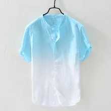 Мужские летние модные брендовые в японском стиле градиентные цветные хлопковые льняное с короткими рукавами рубашки мужские повседневные цветные Яркие тонкие рубашки ткань
