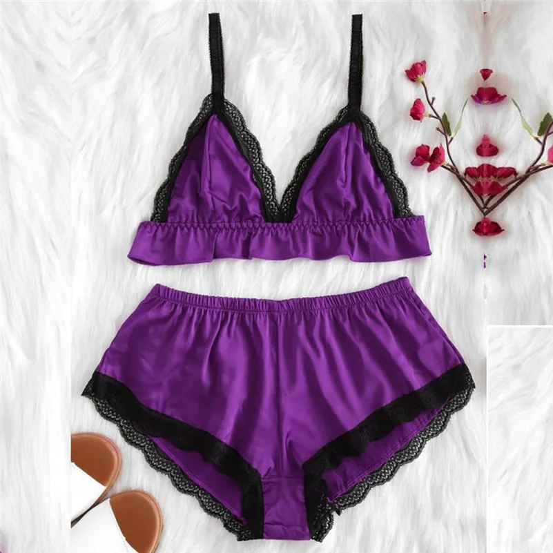 2PC Women Satin Sexy Lingerie Girl Lace Splice Bodysuit Sleepwear Bodydoll Pour Femmes Sujetadores Para Mujeres D4