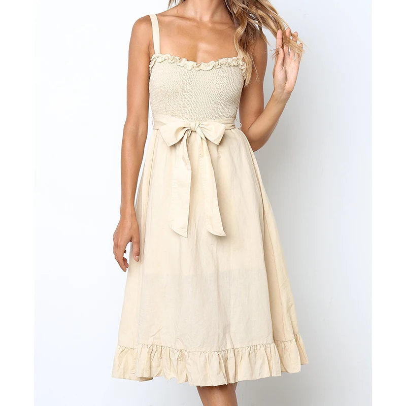 

Boho Sashes A-Line Ruffles Sundress 2019 Spring Summer Beach Bow Spaghetti Strap Dress Femme Party Solid Cute Midi Dresses M0508