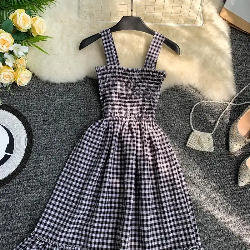 Slim Ladies Ruffles Vintage Plaid Print 2020 Sexy Summer Midi Dress Party Spaghetti Strap Women Casual Beach Elegant Vestidos