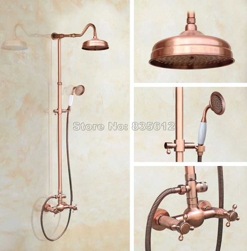 

NEW Red Copper Bathroom Rain Shower Faucet Set Wall Mount Dual Handle Mixer Tap with 8" inch Round Rainfall Shower Heads Wrg611