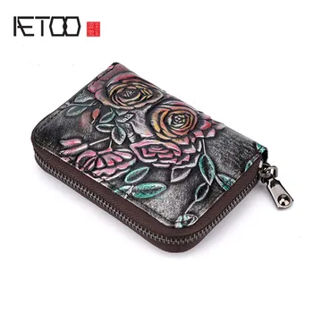 

AETOO Hand-painted color leather bag Embossed rose flowers card zipper card package Duka first layer of leather rub color purse