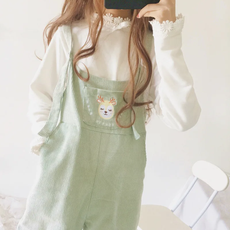 Japan Style Soft Girl Kawaii Lolita Wide Leg Jumpsuit Ankle Length Casual Loose Cartoon Embroidery Corduroy Suspenders Overalls