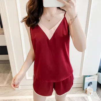 

Burgundy Women Casual Home Wear Silky Satin Cami+Shorts Pajamas Set V-Neck Charming 2PCS Sleepwear Summer Nightwear Suit M-XL