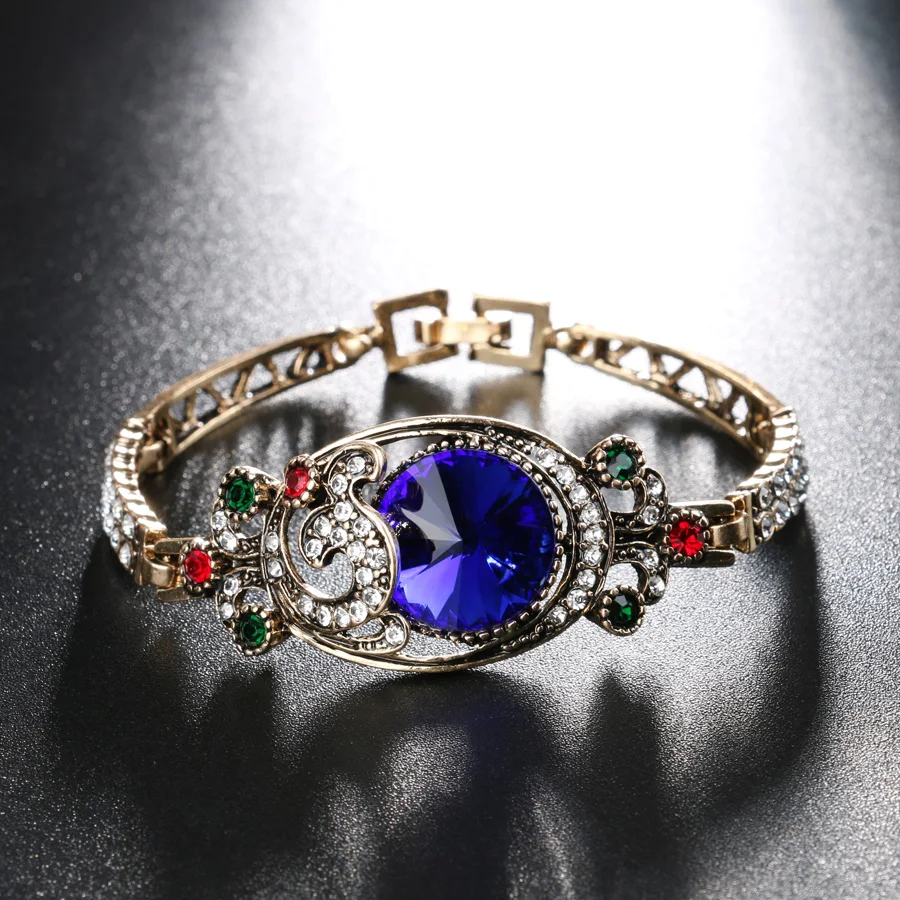 Luxury Vintage Green Satellites Bangles Antique Gold Color Colorful Crystal Turkish Bracelets For Women Bijouterie crystal bracelet